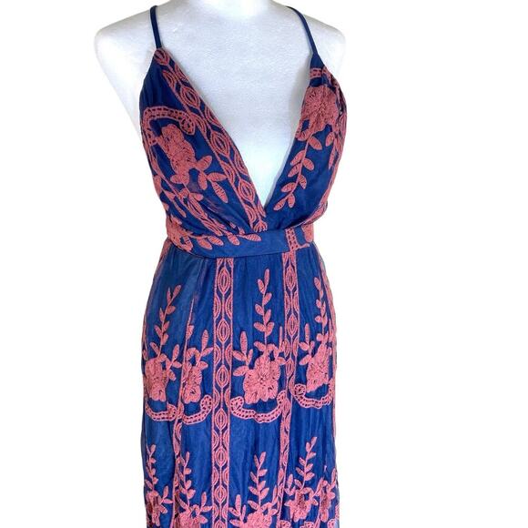 Magnolia Maxi Dress S Lace Embroidered Empire Waist Spaghetti Strap V Neck Navy - Picture 3 of 13